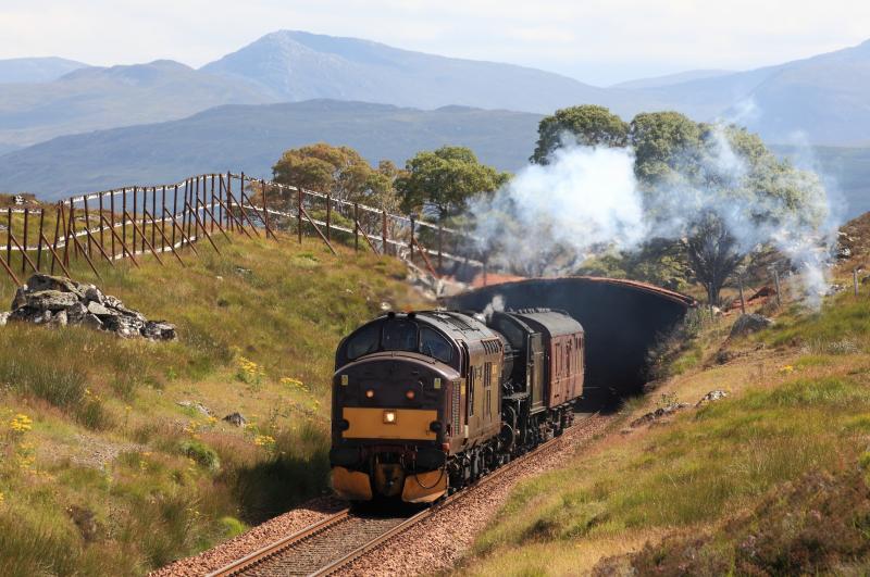 37 and K1 at Cruach Snow Shed: 37685 Loch Arkaig and K1 62005+POB exit Cruach Snow Shed on 11th August 2012 as the K1 returns from servicing in Edinburgh. Photo of 37 and K1 at Cruach Snow Shed
