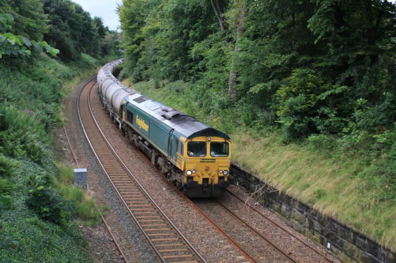 66545 on the Sub: 66545 on 6B34 16.10 Viewpark to Oxwellmains cement empties approaching Braid Road on the sub on 17/08/2012 Photo of 66545 on the Sub
