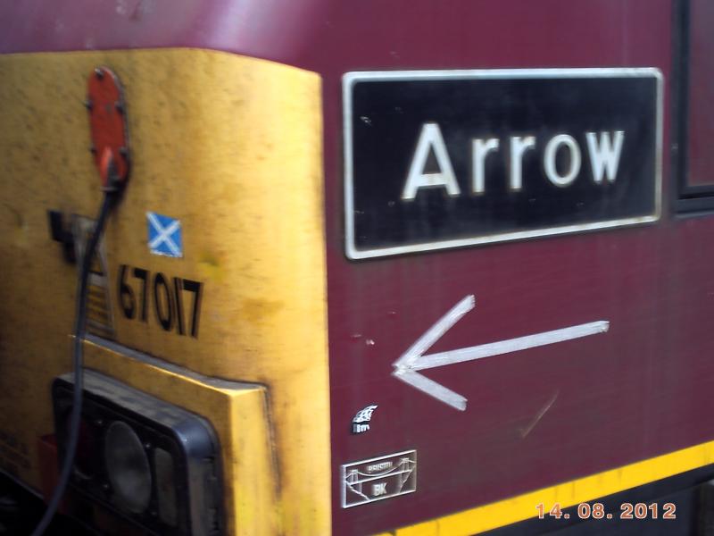 stickers 67017: 67017 Arrow has a scotland sticker and an Arrow sticker on it.After working the Fife circle. Photo of stickers 67017