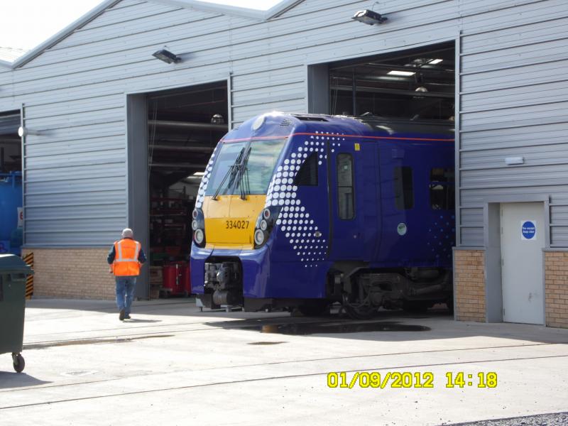 334027 at Brodies Kilmarnock: 334027 just prior to being taken out the shed at Brodies in Kilmarnock following repaint Photo of 334027 at Brodies Kilmarnock