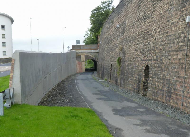 Galashiels A7 bridge new retaining wall: The new retaining wall at the A7 road overbridge - not wide enough for double track at this point. Photo of Galashiels A7 bridge new retaining wall