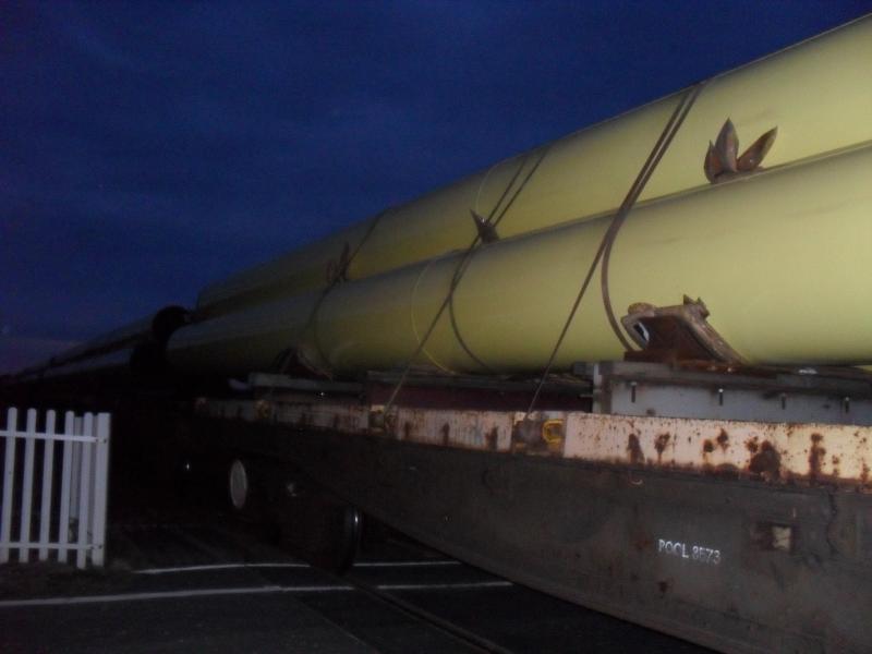 6X88 Georgemas pipes.: 6X88 taking pipes to Georgemas at Halkirk AocL.These big yellow pipes for Subsea 7 are unloaded by a Simpson crane at Georgemas were they are loaded on to lorries before being taken to Wester. Photo of 6X88 Georgemas pipes.