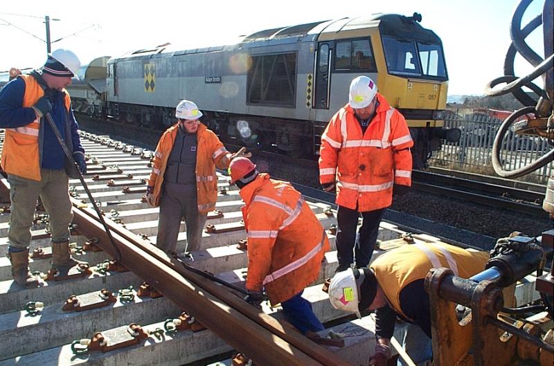 Lockerbie: Where does this bit go? Building up the Lockerbie N crossover at Lockerbie South February 2004 Photo of Lockerbie