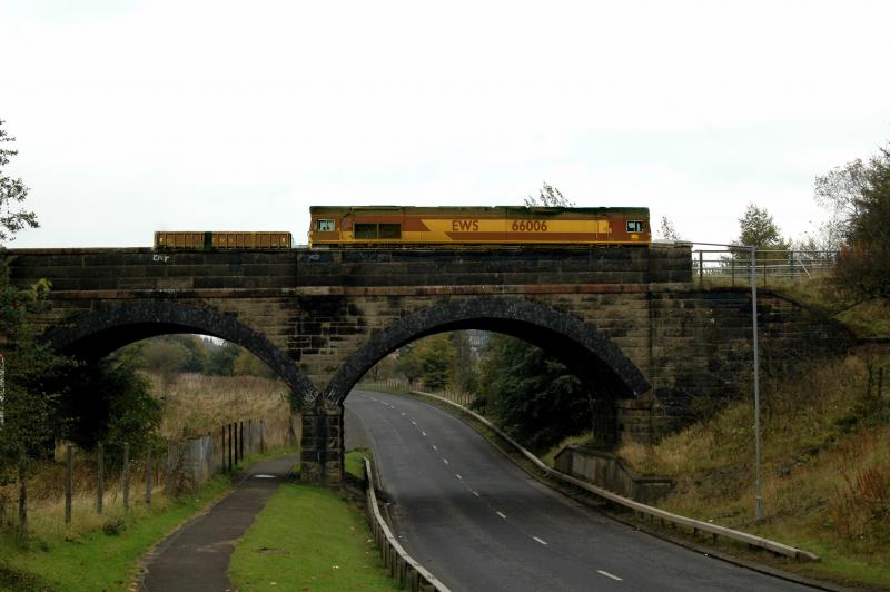 Guess location 2. 66006.jpg: Photoshop image of 66006 crossing the soon to be opened Caldercruix Viaduct. Photo of Guess location 2. 66006.jpg