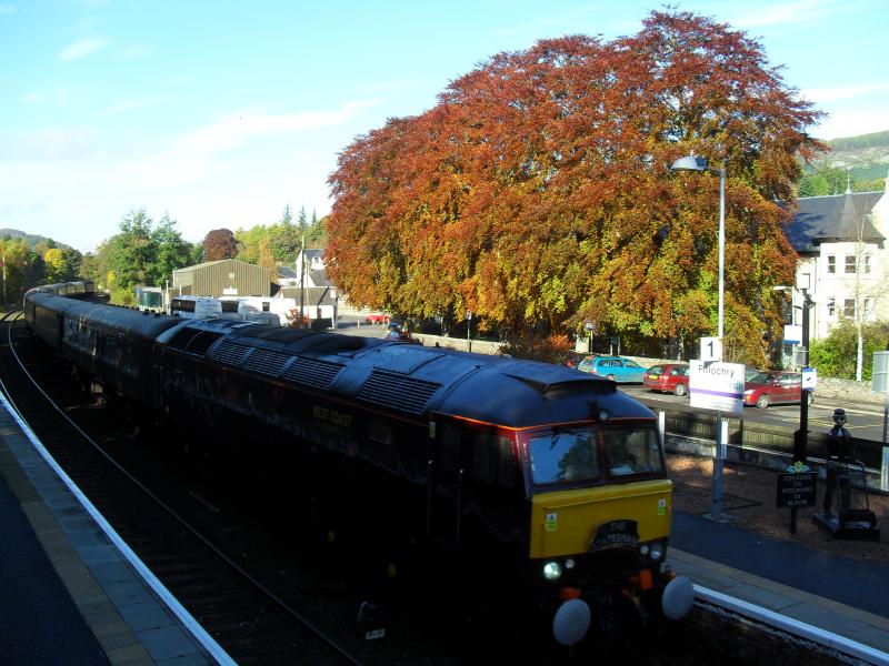 The Statesman At Pitlochry: 57601 passing through Pitlochry with The Inverness Edinburgh Statesman Railtour on 21/10/2012 Photo of The Statesman At Pitlochry