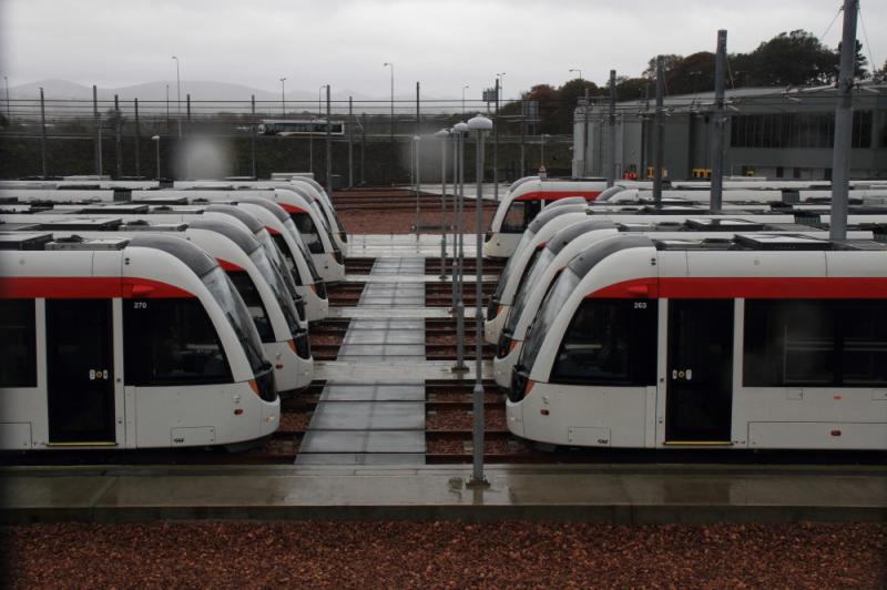 Trams lined up at Gogar: Trams 270 & 263 at the front of lines of trams on 02/11/2012 Photo of Trams lined up at Gogar