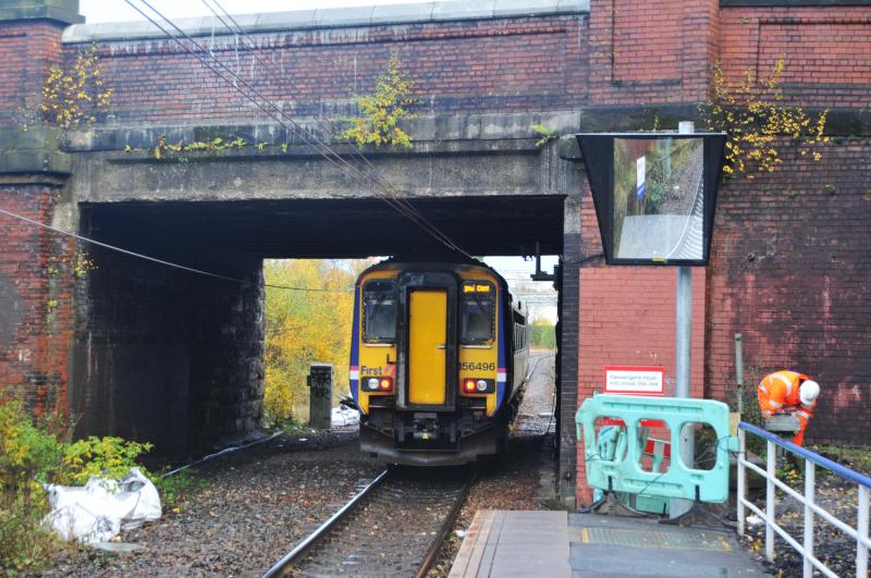 Crookston Station Road Overbridge: Clearance under the wires at Crookston Station bridge. Not Much Photo of Crookston Station Road Overbridge