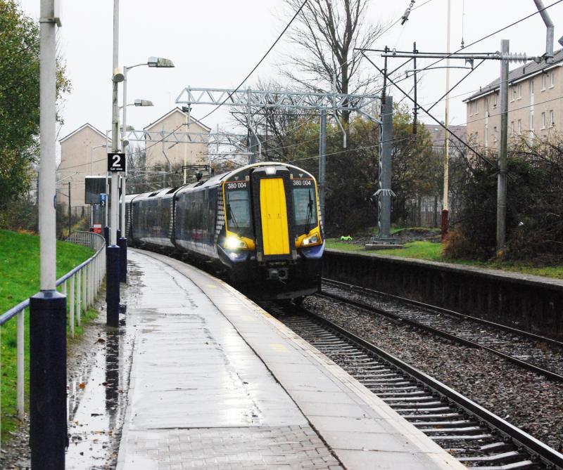 380004 @ Corkerhill Station: 380004 on 1108 Glasgow Central - Paisley Canal enters Corkerhill Station. Monday 19th Nov 2012. This was the 2nd working as 004 had ben on the 1008 service to Canal & back Photo of 380004 @ Corkerhill Station