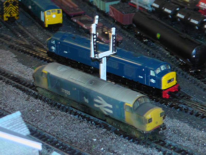 37025 at Elmgrove: A specially commissioned model by the Scottish Class 37 Group, a very work stained 37025 sits beside Coull's yard as a driver for the class 46 adjacent is dropped off. Photo of 37025 at Elmgrove