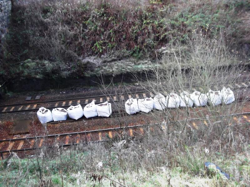 Carmuirs tunnel: Up at the Carmuirs tunnel end. These bags of ballast have been delivered. I wonder if this is for the track lowering inside the tunnel? Photo of Carmuirs tunnel