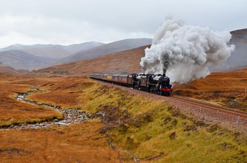 The climb up to Corrour.: Black 5's 44871 & 45407 are in fine fettle as they power up the gradient from Loch Treig to Corrour with the SRPS Railtour from Fort William to Polmont.
Photo of The climb up to Corrour.