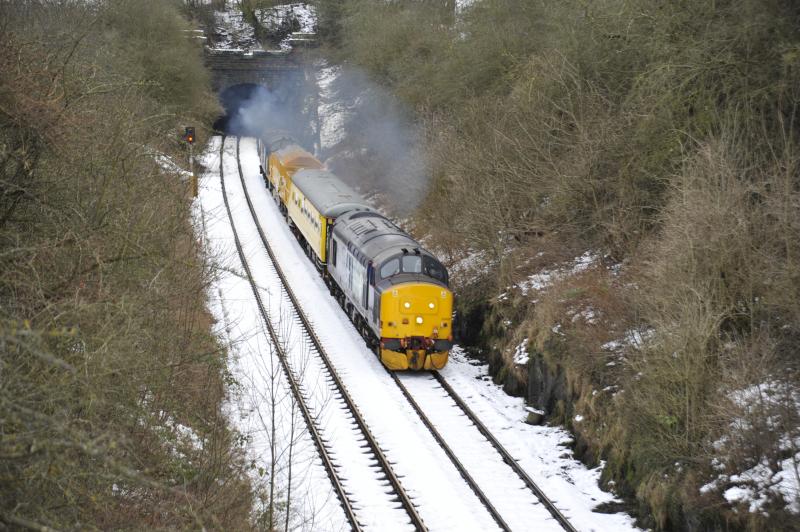 Snow patrol: 37425 & 37688 leaving Moncrieffe tunnel, Perth on 6Z42 26th Jan 2013. Photo of Snow patrol