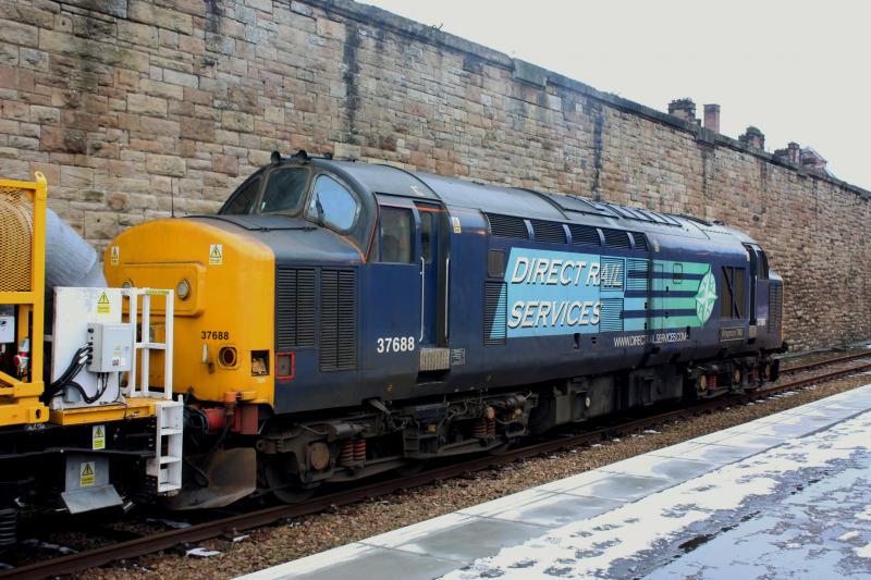 IMG_8260.JPG: 37688 'KINGMOOR TMD' on the rear of 6Z42 slateford-inverness snow train at perth, 26.01.13. Photo of IMG_8260.JPG