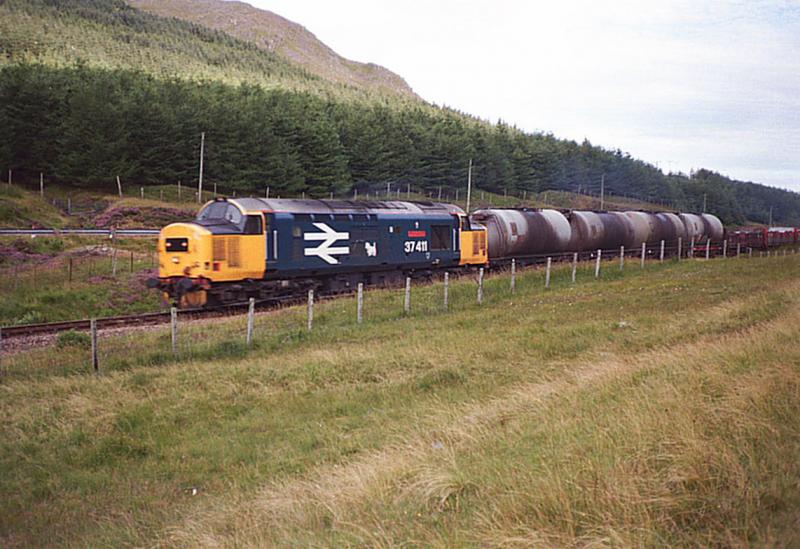 37411 The Institution of Railway Signal Engineers.: Class 37 No.37411 The Institution of Railway Signal Engineers,approaching Tyndrum Upper with a southbound goods in August 1987. Photo of 37411 The Institution of Railway Signal Engineers.