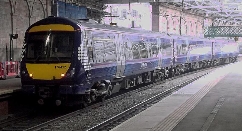 170412 at Edinburgh Waverley: Quite a few of the ScotRail 170s are now getting Saltire Livery, Class 170 No. 170412 waits at Edinburgh Waverley with a service to Dunbar on Saturday 16th February 2013. Photo of 170412 at Edinburgh Waverley
