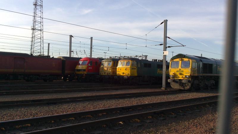 Trio of electrics stabled at Mossend Yard: From left to right 90018, 86613, 86632 & 66597 stabled at Mossend Yard (17.02.13). Photo of Trio of electrics stabled at Mossend Yard