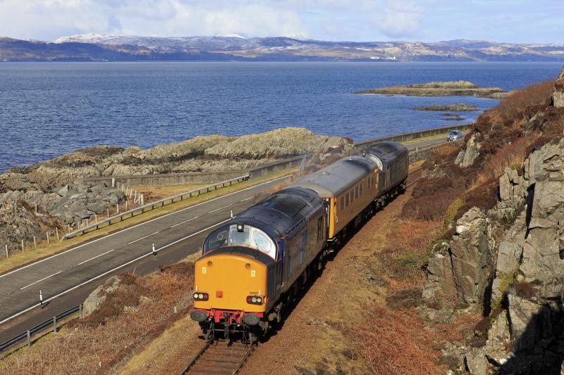 DRS 37s Mallaig: DRS 37607 and 37610 with the Network Rail Track Recording Coach TIC2 departing Mallaig on 13th March 2013. Photo of DRS 37s Mallaig