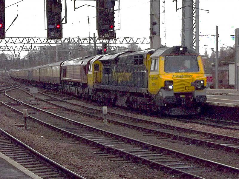 70004 at Carlisle: Saturday 23rd March 2013 seen a Charter Train from Eastleigh to Carlisle. Worked from Crewe via the WCML with 70004 and 66089 DIT. 1Z70 is seen arriving at Carlisle. Photo of 70004 at Carlisle