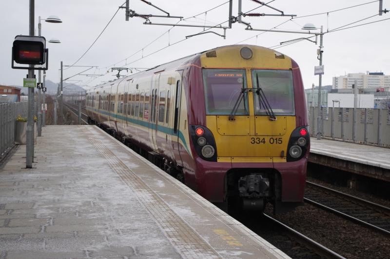 334015: 334015 Deprating Edinburgh Park heading East. 25 March 2013. Photo of 334015