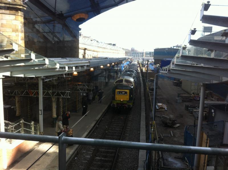 Waverley Charter: 55009 Arrives at Edinburgh Waverley platform 8 with a charter from Crewe. The time of arrival was at 1235. Photo of Waverley Charter