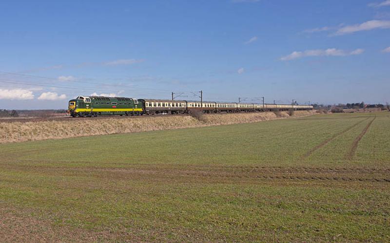 Alycidon at Spittal Mains : 55009 passing Spittal Mains, East Lothian on 6th April 2013 with the 1Z55 Eidyn Burgh Scot from Crewe to Edinburgh Waverley. Photo of Alycidon at Spittal Mains