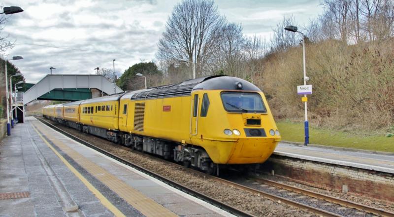 HST Test Train.: 1Q24 Races through Polmont Station on the return working from Glasgow Queen Street to Edinburgh, headed by 43062  Photo of HST Test Train.