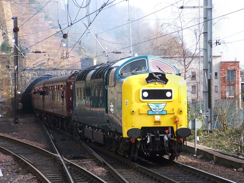 55022 at Edinburgh Waverley: 55022 storms out of South Calton Tunnel into Edinburgh Waverley on Spitfire Railtours Photo of 55022 at Edinburgh Waverley