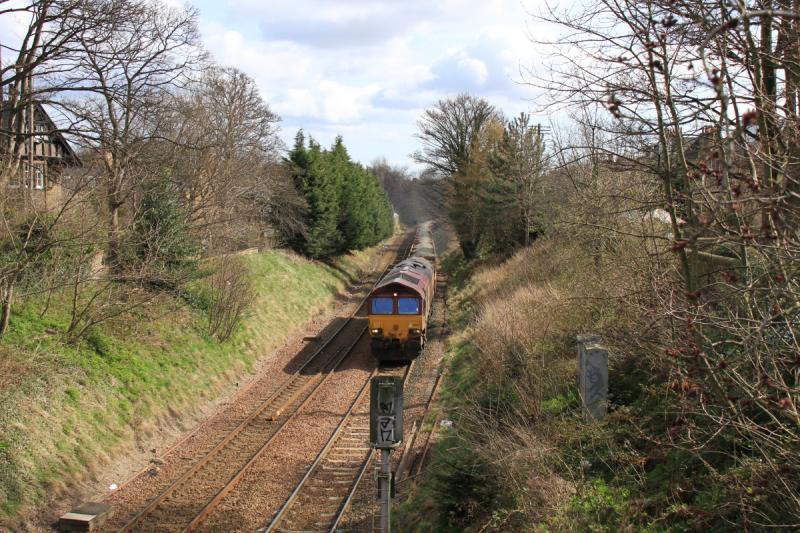6K03: 66145 on 6K03 10.45 Millerhill to Kirknewton passing the former site of Hawkear Central approaching Cluny Ave on 20/04/2103 Photo of 6K03