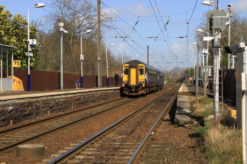 Kingsknowe Stn from the track: 156506 on 2Y66 14.18 Glasgow Central to Edinburgh Waverley at Kingsknowe Stn seen from the level crossing on 22/04/2013 Photo of Kingsknowe Stn from the track