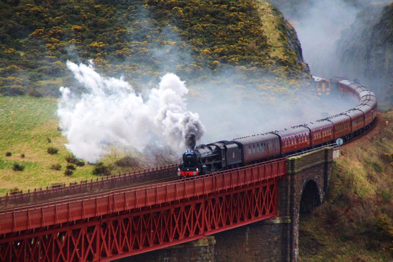 The Great Britain VI tour on 24/04/13: Black Five 45407 coasting down through the cutting onto Jamestown Viaduct heading North to Aberdeen Photo of The Great Britain VI tour on 24/04/13