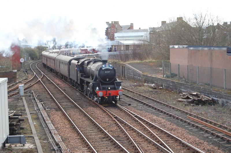 45407 Arbroath GBVI: 45407 The Lancashire Fusilier opens up after clearing the 20MPH restriction through Arbroath station and past the signal box whilst working the Edinburgh - Aberdeen leg of The Great Britain VI tour. Photo of 45407 Arbroath GBVI