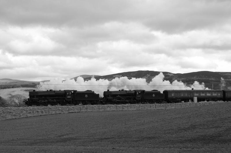 The Great Britain VI: Heading north for Edinburgh, the pair of Black 5s approach Symington on the WCML, after stopping for water at Abington on the afternoon of 23rd April 2013. Nos 44871 and 45407 Photo of The Great Britain VI
