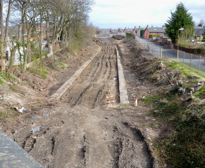 Newtongrange old station site April 2013: The site of the old Newtongrange station revealed by devegetation works - the new station will be on the other side of the bridge I am standing on. Photo of Newtongrange old station site April 2013