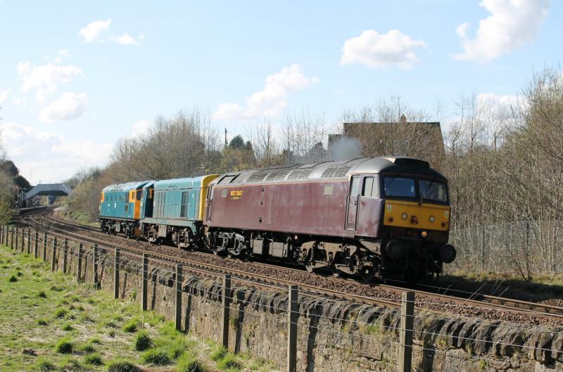 0Z50 Grosmont to Bo'ness: 47237 leading 20020 and 26038 0Z50 Grosmont to Bo'ness passing Polmont 30/04/13 Photo of 0Z50 Grosmont to Bo'ness