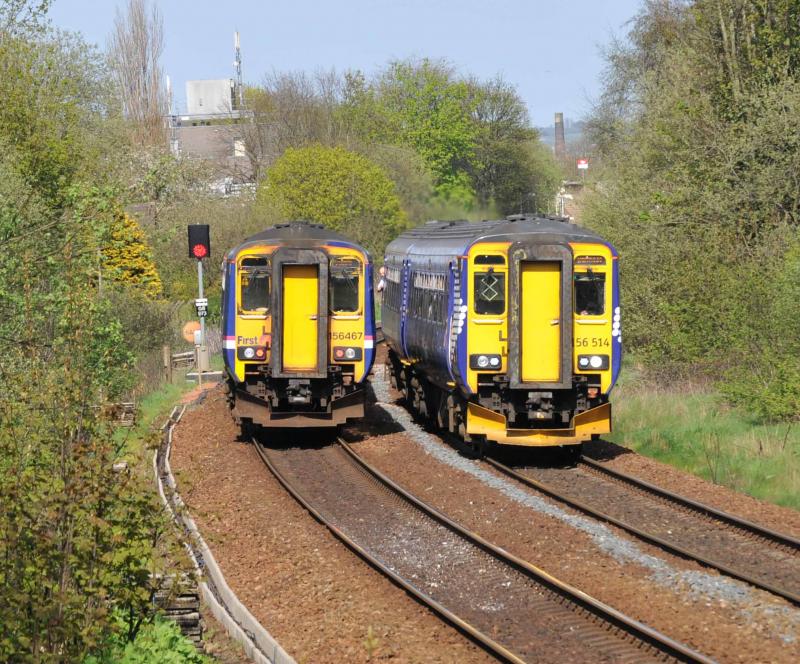 156467 & 156514: 156467 held at signal just short of Crossmyloof Station is Passed by 156514.
467 was held for 29mins because of a signaling problem at Crossmyloof Photo of 156467 & 156514