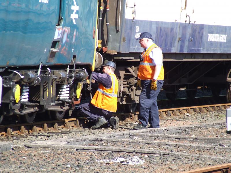 55022 crew at Eastfield: 55022 is tied back onto the translator coaches after running round at Eastfield on 25 May 2013 Photo of 55022 crew at Eastfield