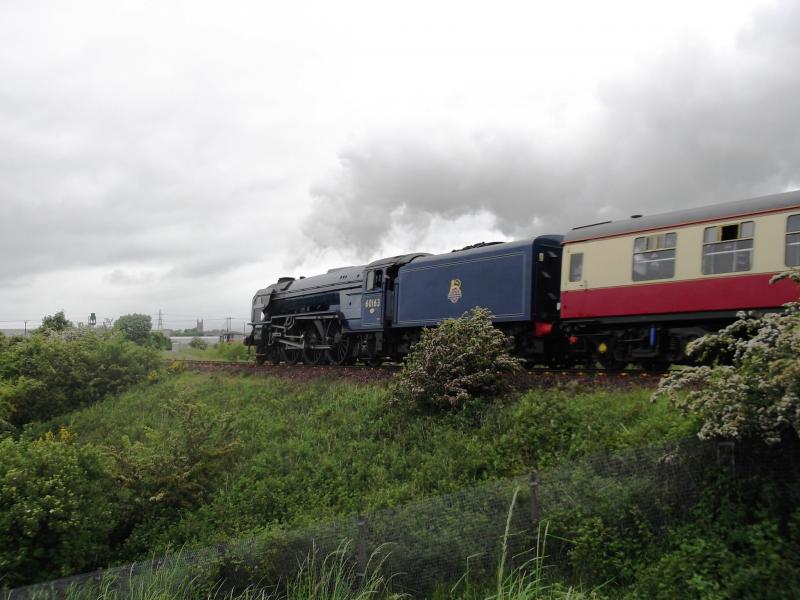 Tornado at Carmuirs East: Tornado working the Edinburgh to Inverness Cathedrals Express on 15th June 2013. Taken on the curve between Carmuirs East and Larbert Junction. Photo of Tornado at Carmuirs East