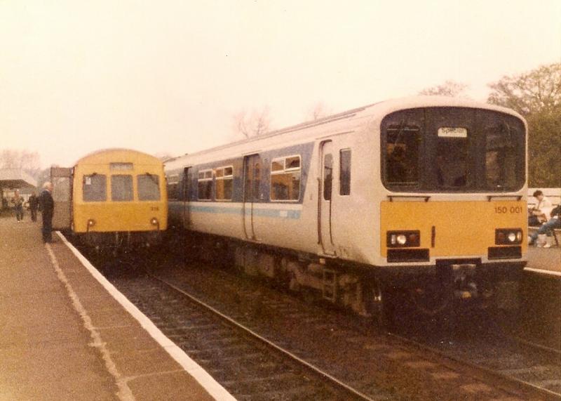 Old and New: A class 101 DMU on the 16.35 Edinburgh-Kirkcaldy service is seen alongside the prototype Class 150 on a trip round the Fife Circle on May 17th 1985.Taken with my Kodak Disc camera so not great quality. Photo of Old and New