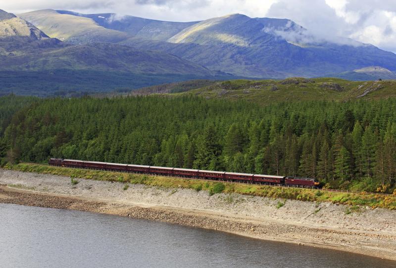 Royal Scotsman at Loch Treig: 47237 passes Loch Treig with the Royal Scotsman on 22nd June 2013 with 37516 assisting on the rear. Photo of Royal Scotsman at Loch Treig