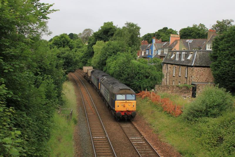 57007 at Blackford hill: 57007 leading 57011 on 6S43 06.42 Carlisle to Torness Power Stn on 11/07/2013 passing the site of Blackford Hill Stn.. TOPS showing 37218 + 37606. Photo of 57007 at Blackford hill