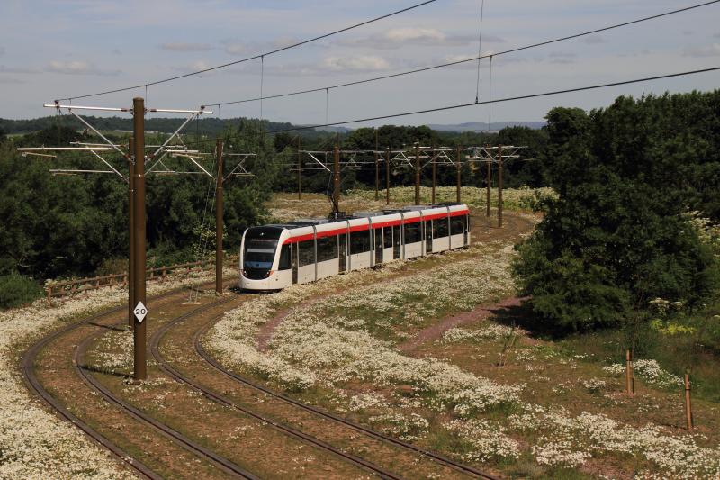Tram 267: Tram 267 approaching the Gogarburn stop on a test run on 09/07/2013. Photo of Tram 267