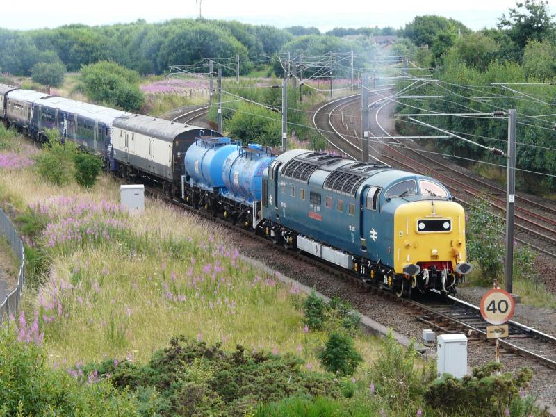 Deltic 22 at Barassie: 55022 pulls out of Barassie Yard on 27 July 2013 on the 6Z54 service conveying a newly refurbished class 334 set from Kilmarnock to Yoker. Photo of Deltic 22 at Barassie