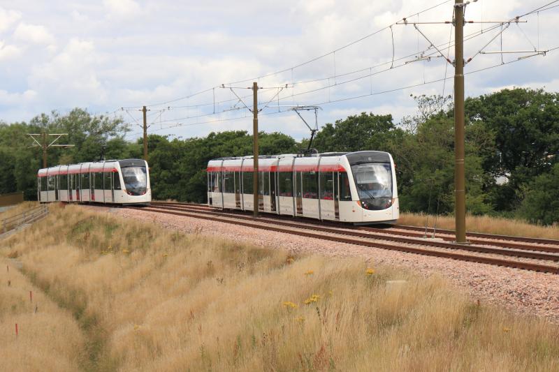 Edinburgh Tram: Tram 267 approaching the Ingleston Park & Ride stop en route for the depot passing tram 277 on 31/07/2013 Photo of Edinburgh Tram