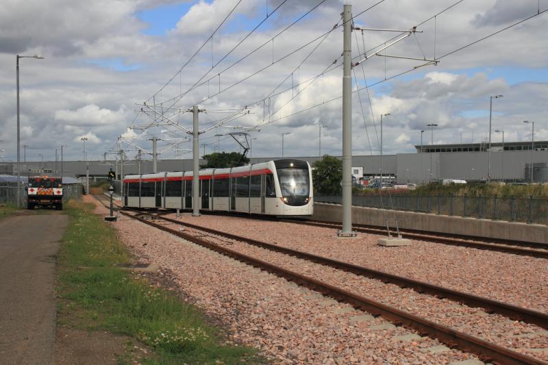 Edinburgh Tram: Tram 276 leaving Edinburgh Airport tramstop for the depot on 31/07/2013 Photo of Edinburgh Tram