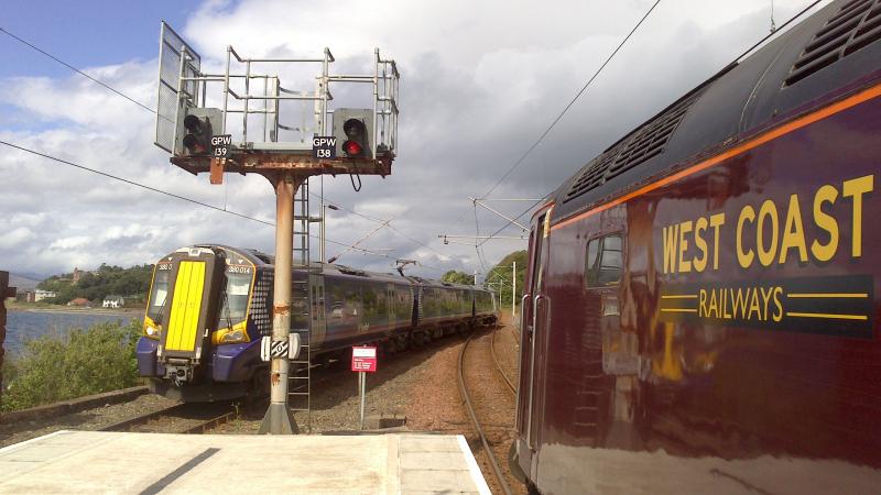57006: At Wemyss Bay on the Royal Scotsman as a 380 unit arrices from Glasgow Photo of 57006
