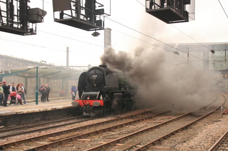 An even smokier 46233: 46233 on 1Z30 16.11 Carlisle to Crewe getting ready to leave platform 3 on 17/08/2013 Photo of An even smokier 46233