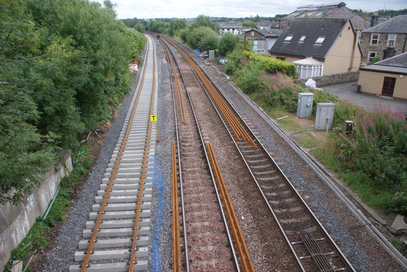 From Kerse Road bridge looking south 18.08.13: From Kerse Road bridge looking south on 18.08.13 - the plain line section of the new loop was railed overnight. Photo of From Kerse Road bridge looking south 18.08.13