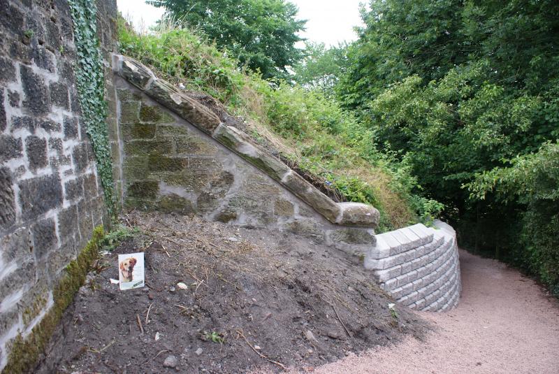Embankment work at Bridgend completed: Embankment work at Bridgend completed. The buttress wall has been repaired and a new retaining wall lines the riverside path where there wasn't walling before. Photo of Embankment work at Bridgend completed