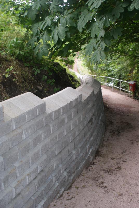 The new section of retaining wall below Bridgend.: The new retaining wall lines the riverside path below Bridgend where there wasn't walling before. Photo of The new section of retaining wall below Bridgend.