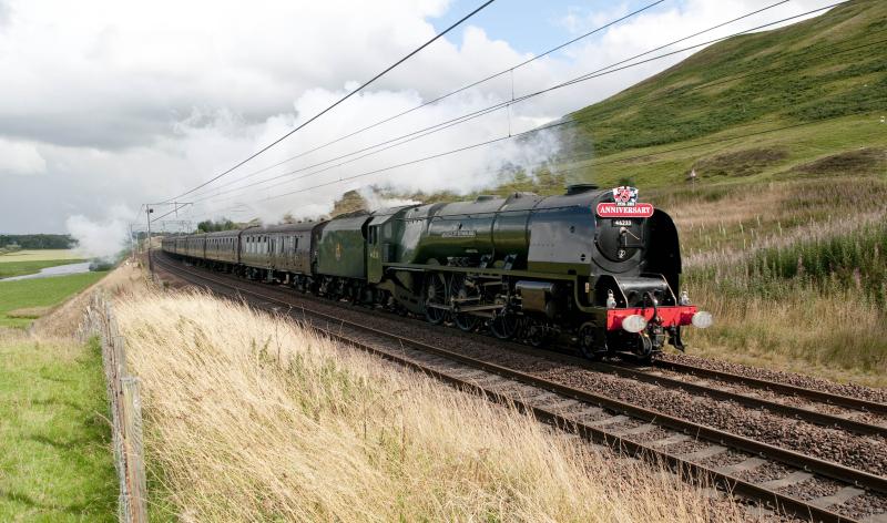 Duchess of Sutherland 75th Anniversary Tour: 46233 running late past Tower of Wandel today (7.9.13) with southbound leg of 75th Anniversary Tour Photo of Duchess of Sutherland 75th Anniversary Tour